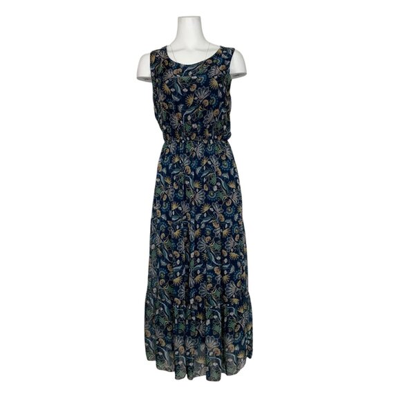 Lara Guidotti Dress L Navy Blue Floral Sleeveless Ruffle Midi Silk Blend Italy - Picture 10 of 12